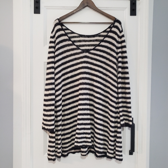 Free People Striped Swing Tunic Dress Womens S Oversized Nob Knit Black Ivory - Picture 5 of 8